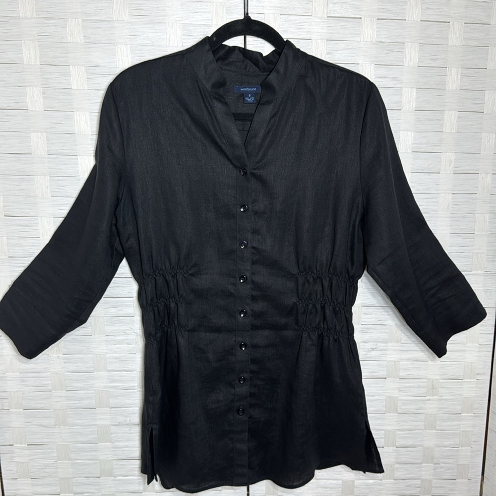 Westbound Linen Women’s Black Button Up Smocked Waist Mock Collared Shirt Size 8 - Picture 2 of 12